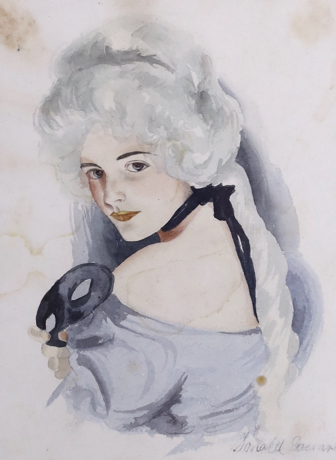 Watercolour, Portrait of Marie Antoinette with masquerade mask, indistinctly signed possibly Donald Everard?, 20 x 15cm